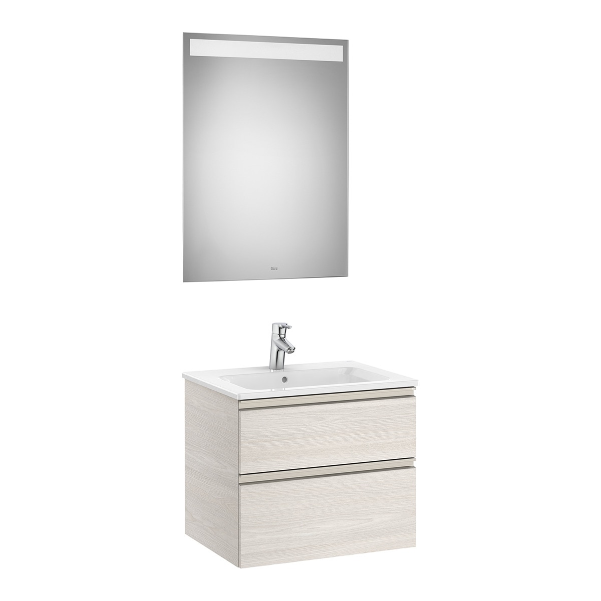 Imagen 1 de Conjunto con mueble de baño con 2 cajones, lavabo y espejo con luz LED The Gap Roca - Fresno 60 cm Fresno