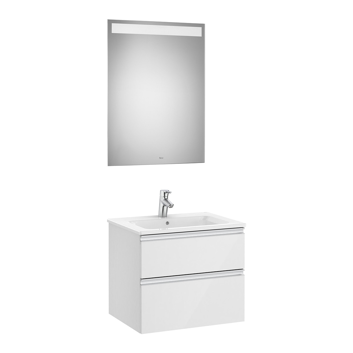 Imagen 1 de Conjunto con mueble de baño con 2 cajones, lavabo y espejo con luz LED The Gap Roca - Blanco brillo 70 cm Blanco brillo