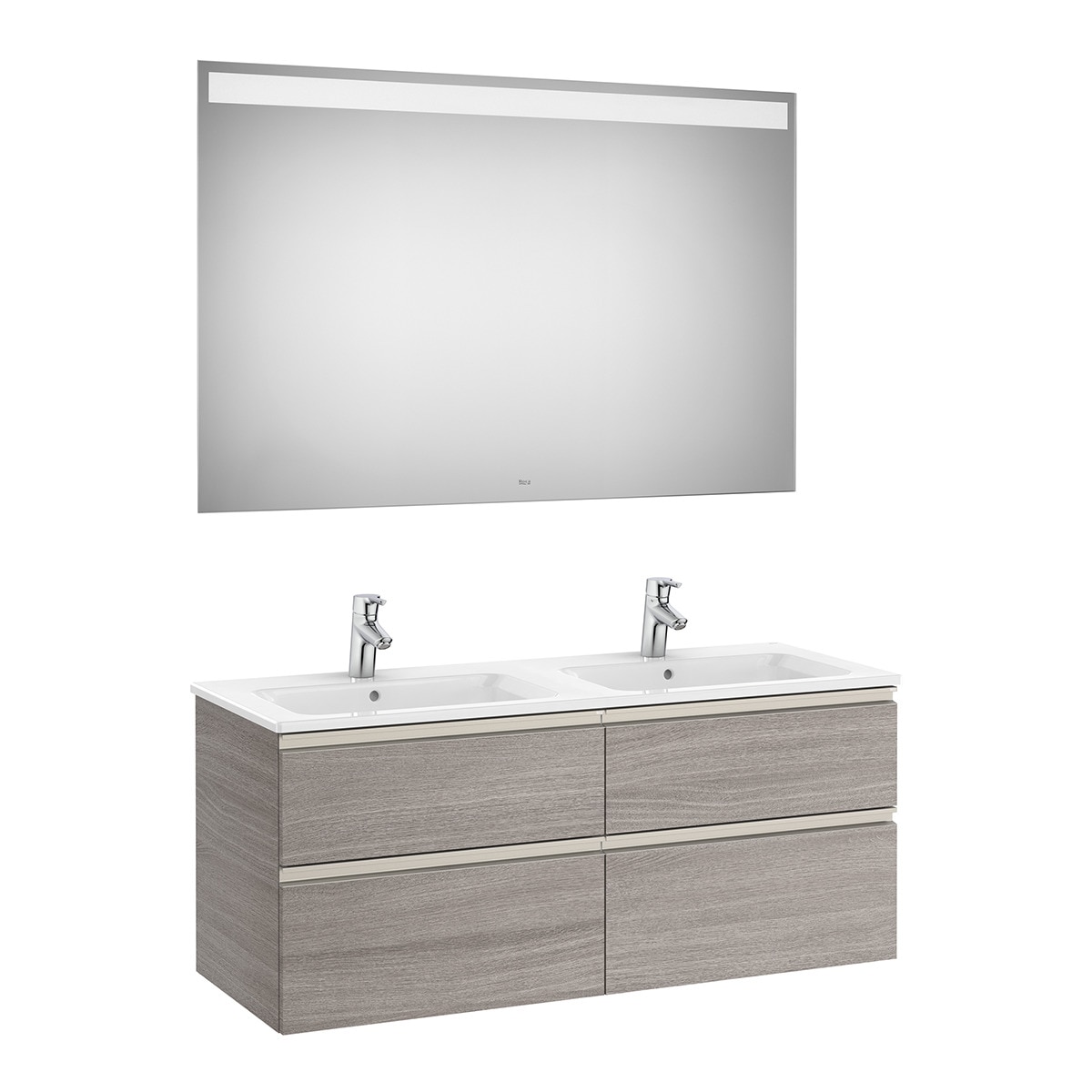 Imagen 1 de Conjunto de baño doble con mueble suspendido con 4 cajones, 2 lavabos y espejo con luz LED The Gap Roca - Roble city Roble city
