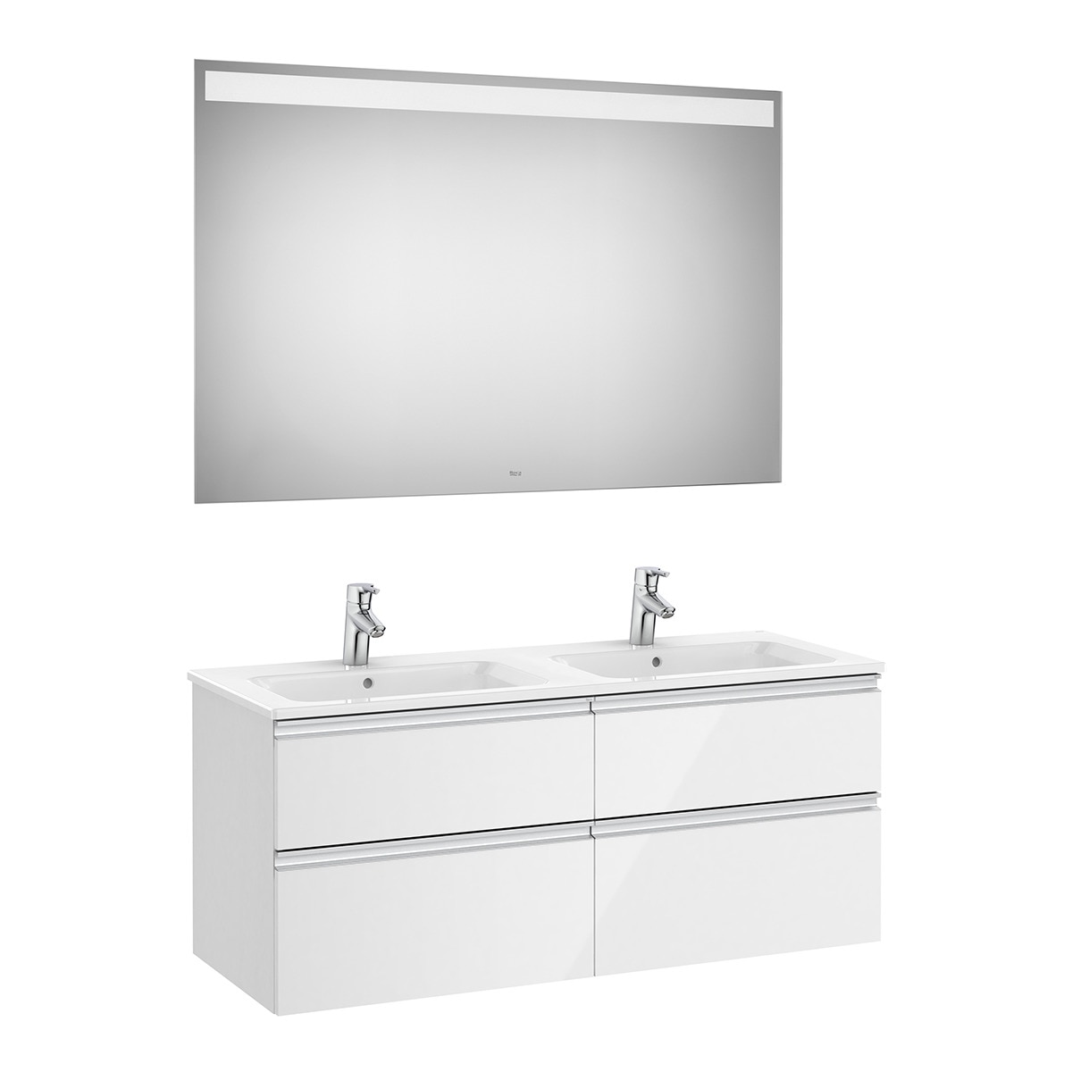 Imagen 1 de Conjunto de baño doble con mueble suspendido con 4 cajones, 2 lavabos y espejo con luz LED The Gap Roca - Blanco brillo Blanco brillo