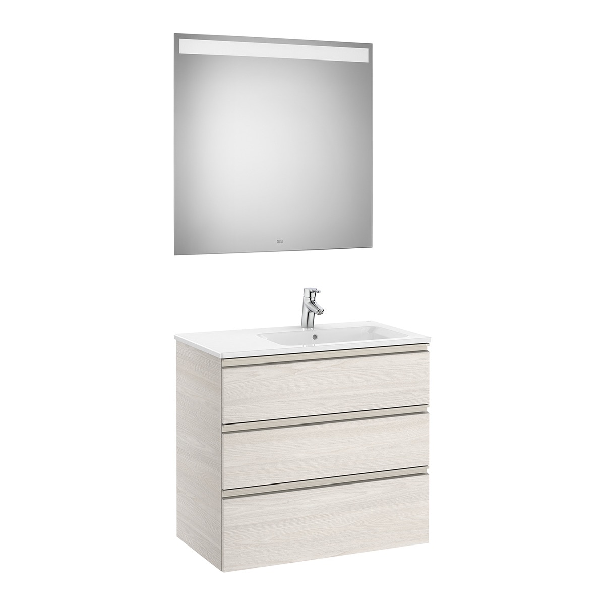Conjunto con mueble de baño con 3 cajones, lavabo a la derecha y espejo con luz LED The Gap Roca - Fresno 80 cm Fresno-1