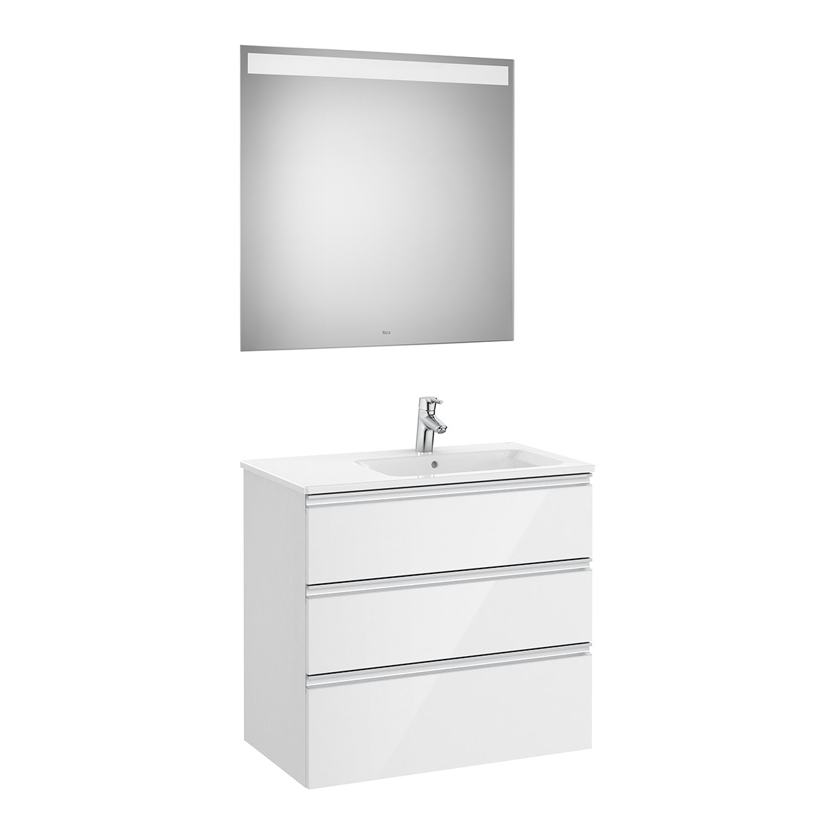 Conjunto con mueble de baño con 3 cajones, lavabo a la derecha y espejo con luz LED The Gap Roca - Blanco brillo 80 cm Blanco brillo-1
