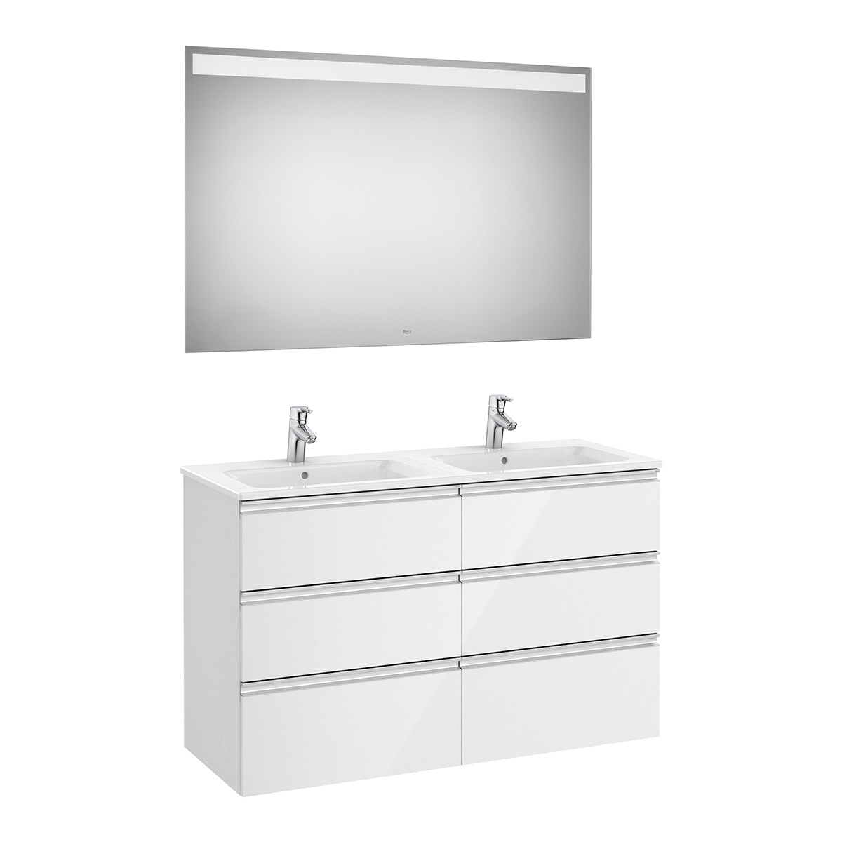 Imagen 1 de Conjunto de baño doble con mueble suspendido con 6 cajones, 2 lavabos y espejo con luz LED The Gap Roca - Blanco brillo Blanco brillo