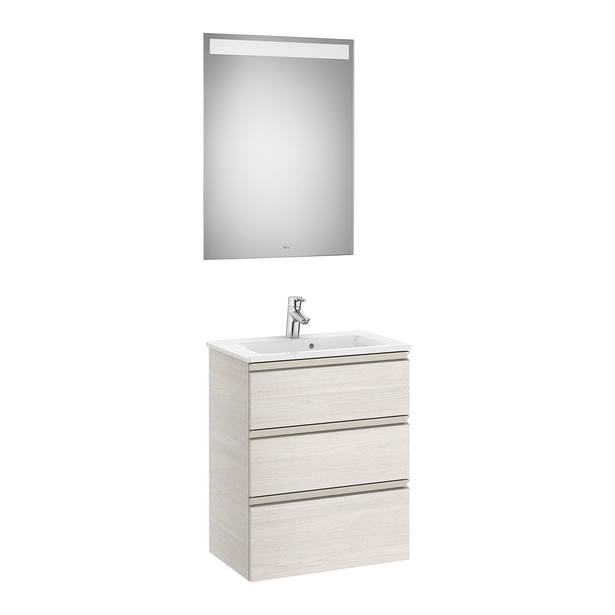 Conjunto con mueble de baño compacto con 3 cajones, lavabo y espejo con luz LED The Gap Roca - Fresno 60 cm Fresno-1