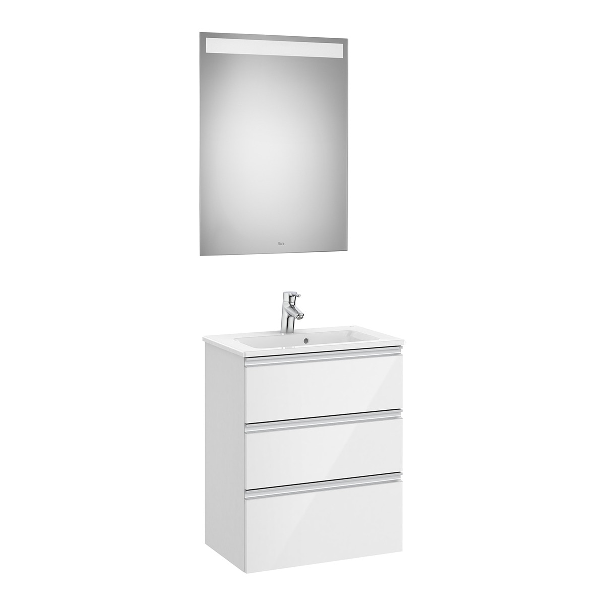 Conjunto con mueble de baño compacto con 3 cajones, lavabo y espejo con luz LED The Gap Roca - Blanco brillo 60 cm Blanco brillo-1