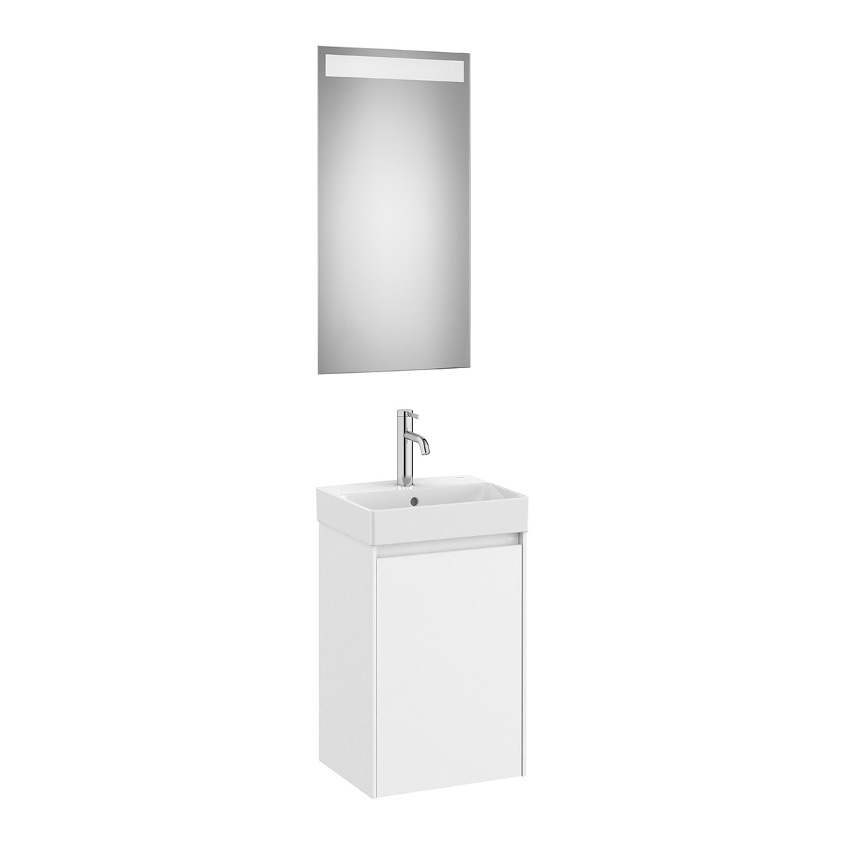 Roca - Conjunto de baño con mueble con 1 puerta, lavabo para grifo central y espejo LED Ona Roca.