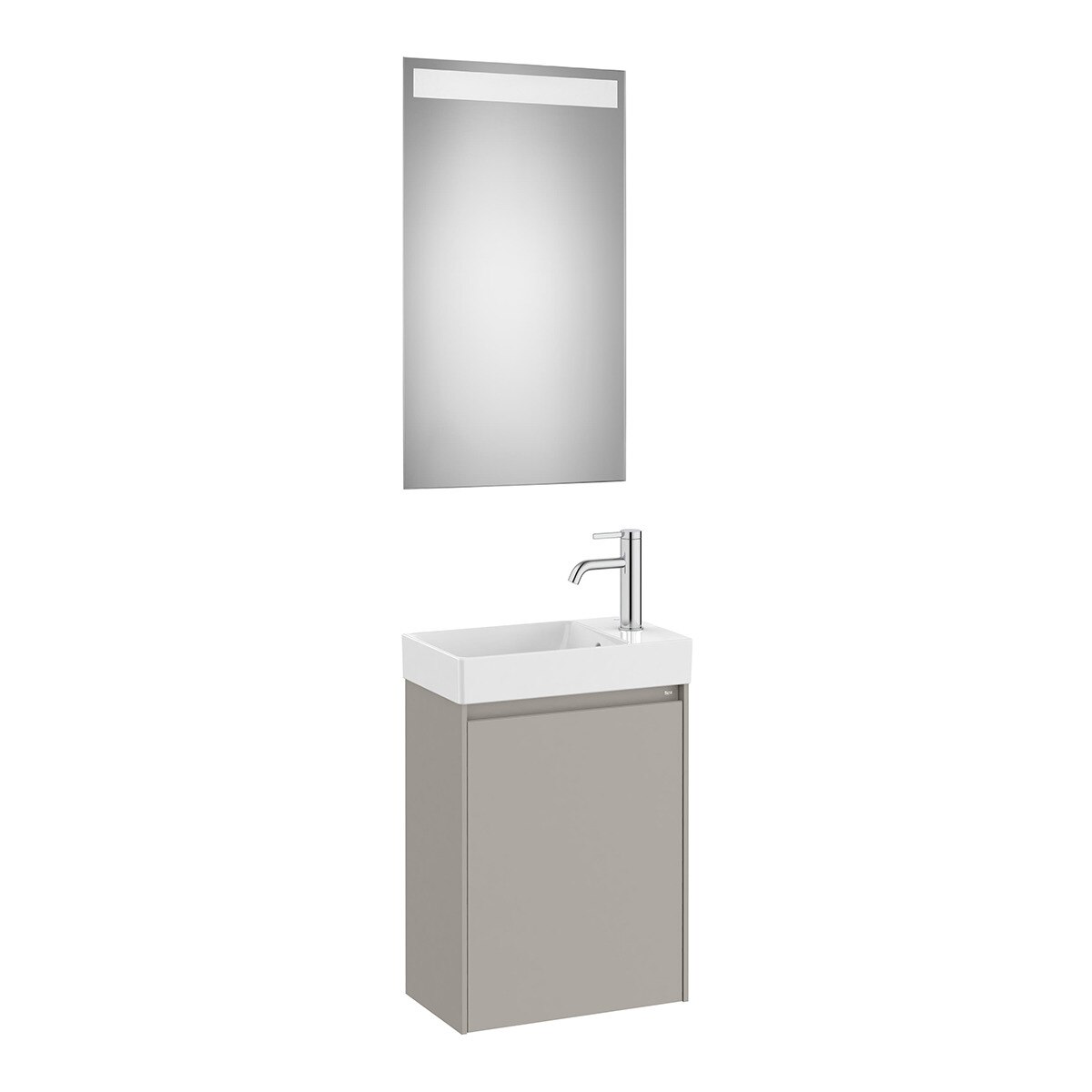 Conjunto de baño con mueble con 1 puerta, lavabo para grifo lateral y espejo LED Ona Roca - Gris mate Gris mate-1