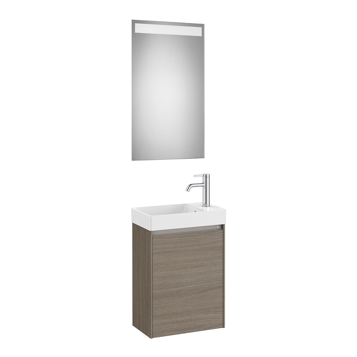 Conjunto de baño con mueble con 1 puerta, lavabo para grifo lateral y espejo LED Ona Roca - Olmo Olmo-1