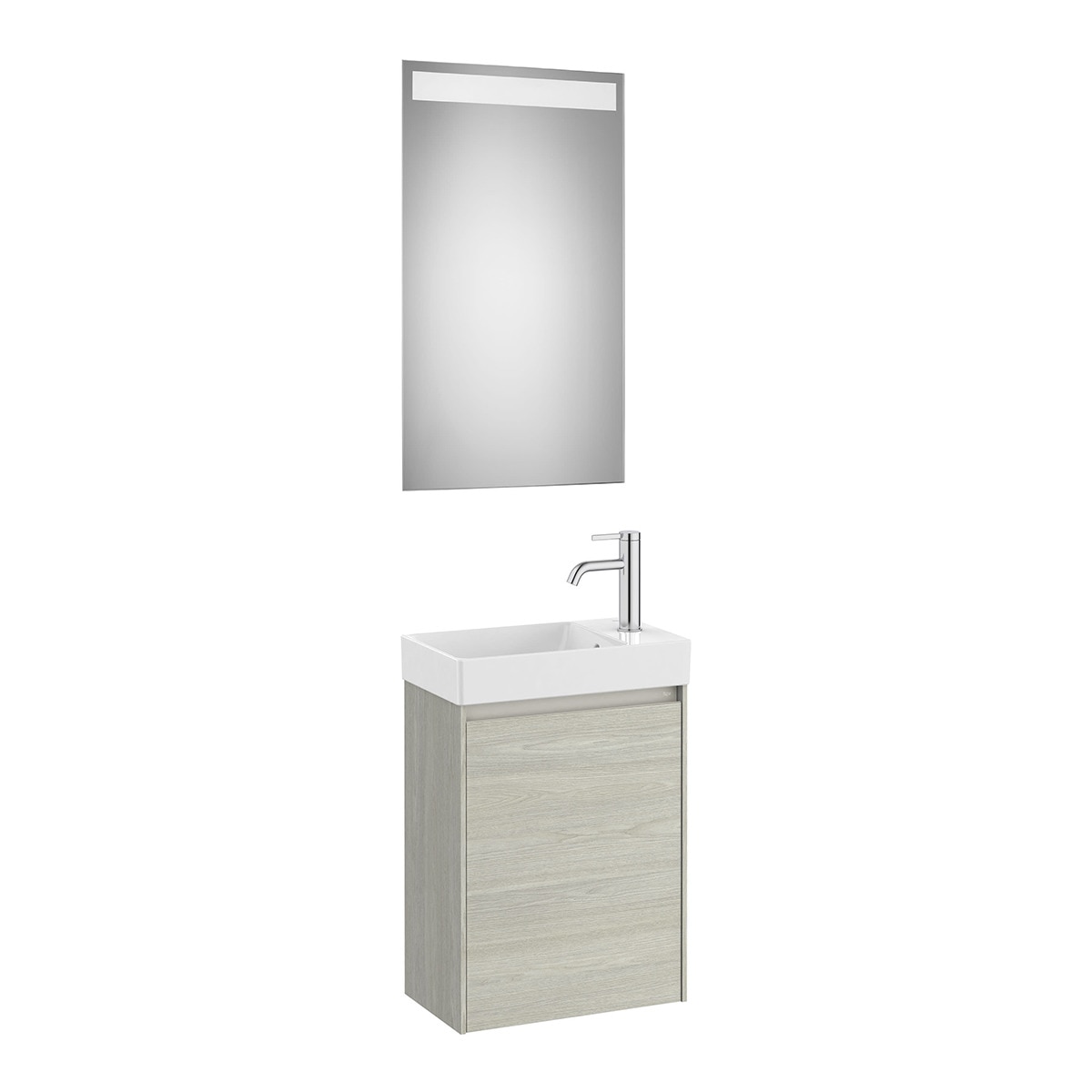 Conjunto de baño con mueble con 1 puerta, lavabo para grifo lateral y espejo LED Ona Roca - Roble Roble-1