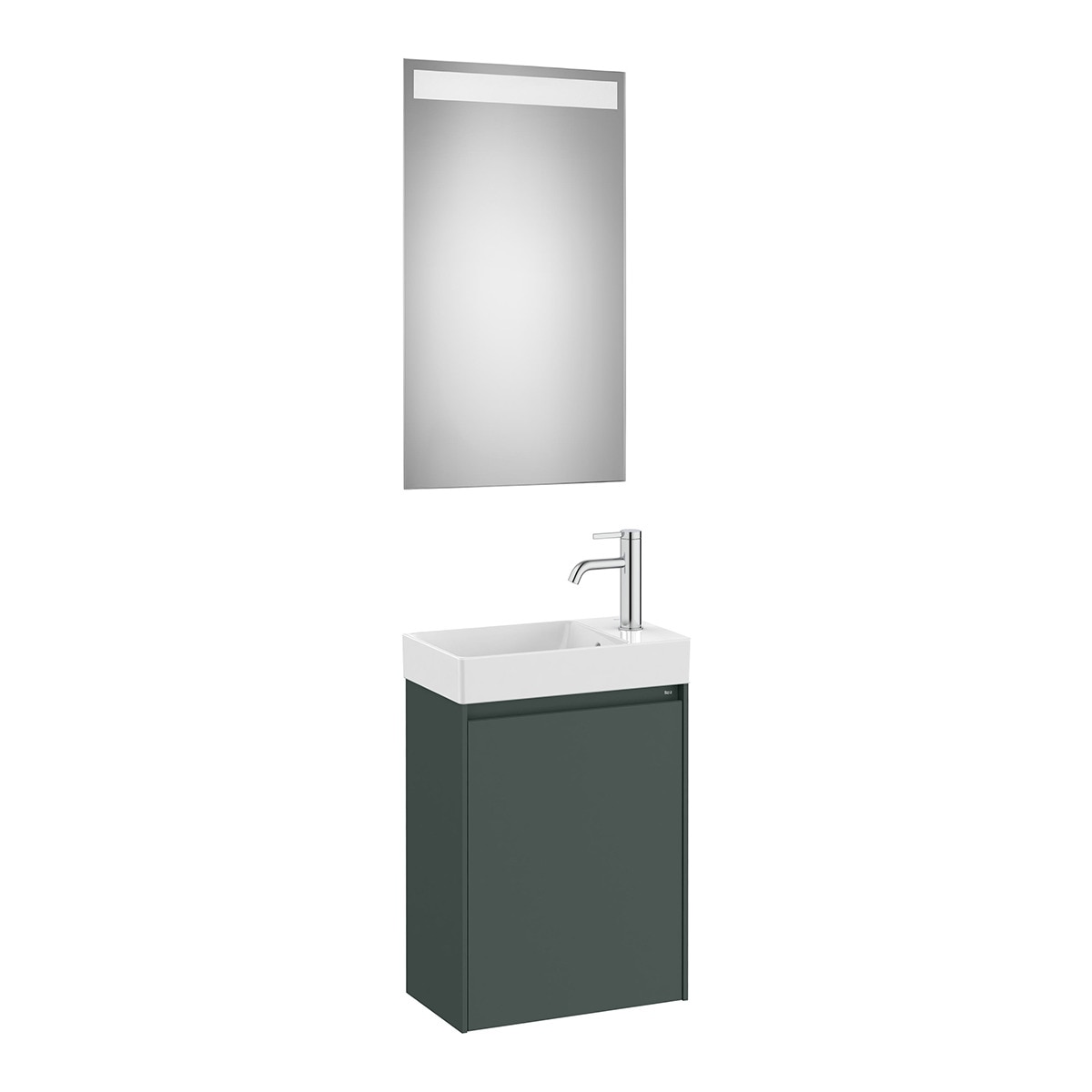 Conjunto de baño con mueble con 1 puerta, lavabo para grifo lateral y espejo LED Ona Roca - Verde Verde-1