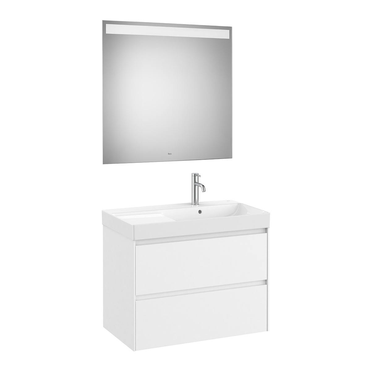 Roca - Conjunto de baño con mueble con 2 cajones, lavabo a la derecha y espejo LED Ona Roca.