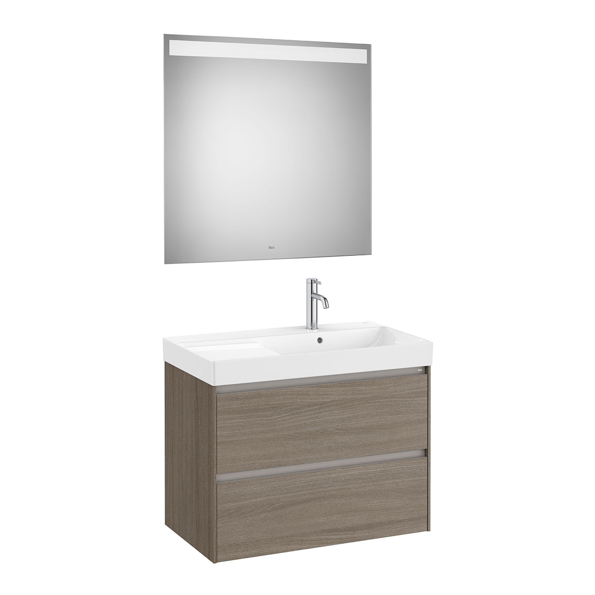 Conjunto de baño con mueble con 2 cajones, lavabo a la derecha y espejo LED Ona Roca - Olmo Olmo-1