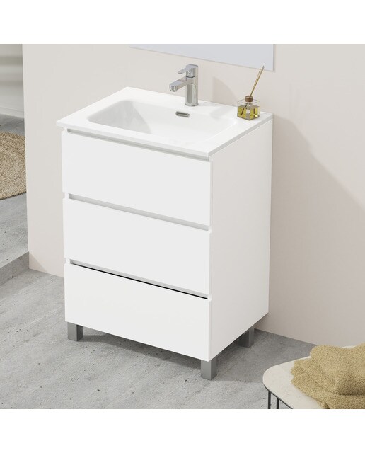Mueble de baño con tres cajones y encimera cerámica Oslo Artysan - Blanco mate 60 cm Blanco mate-5