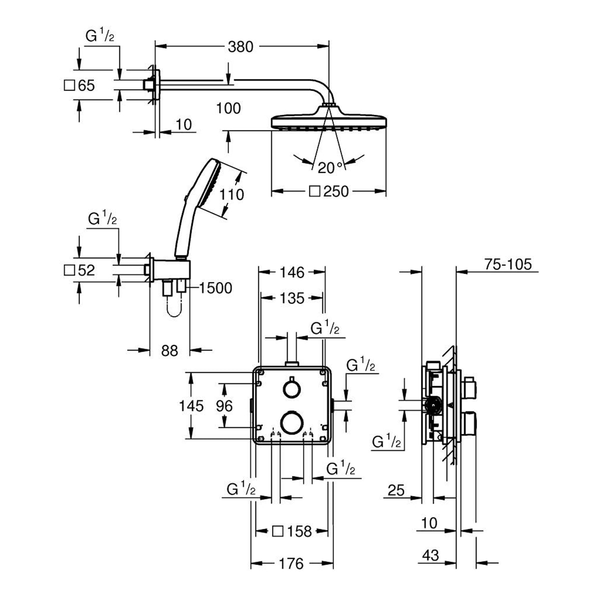 Imagen 3 de Sistema ducha termostatico empotrado Tempesta Cube 250 Grohe - Cromo Cromo