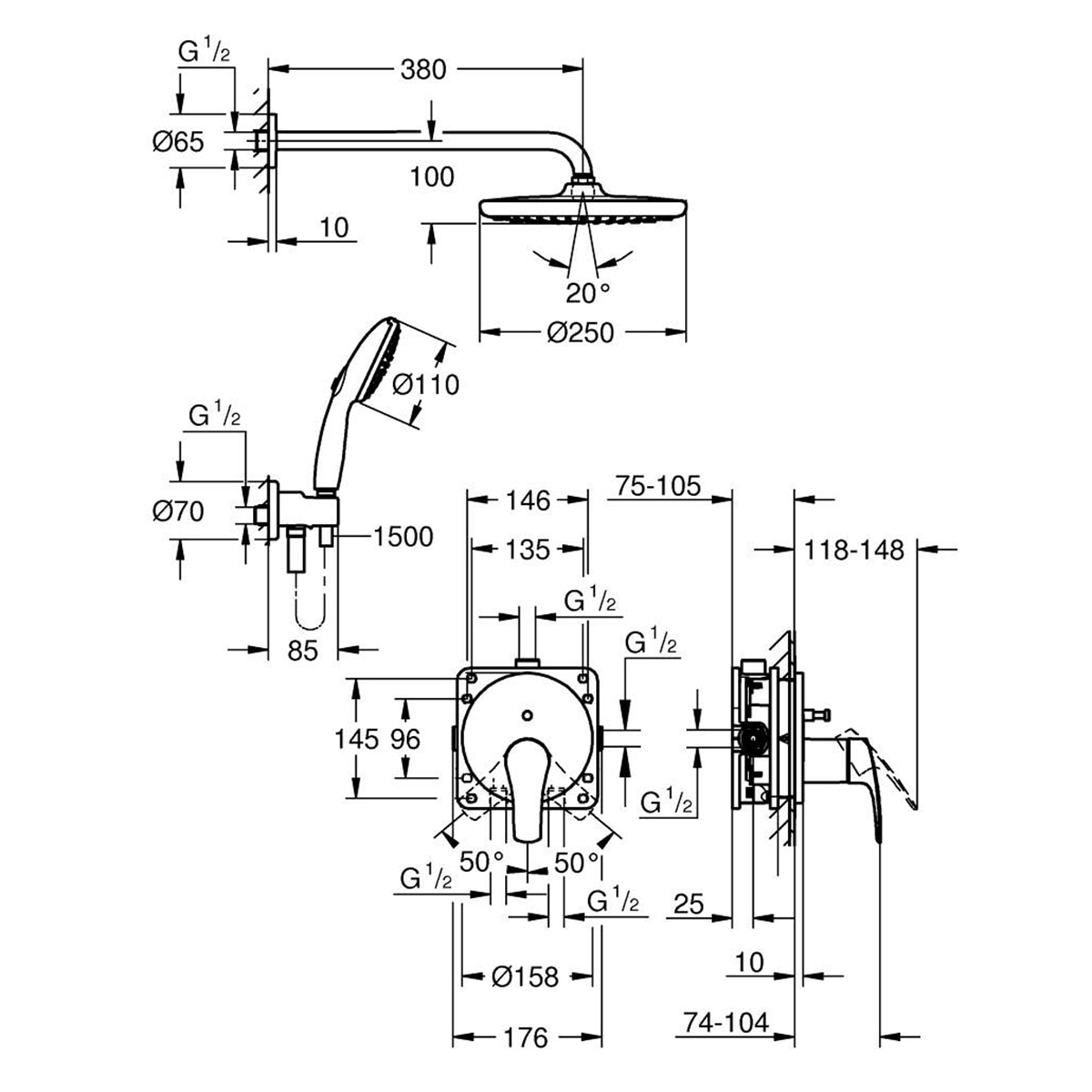 Imagen 3 de Sistema monomando empotrado para ducha Eurosmart 250 Grohe - Cromo Cromo