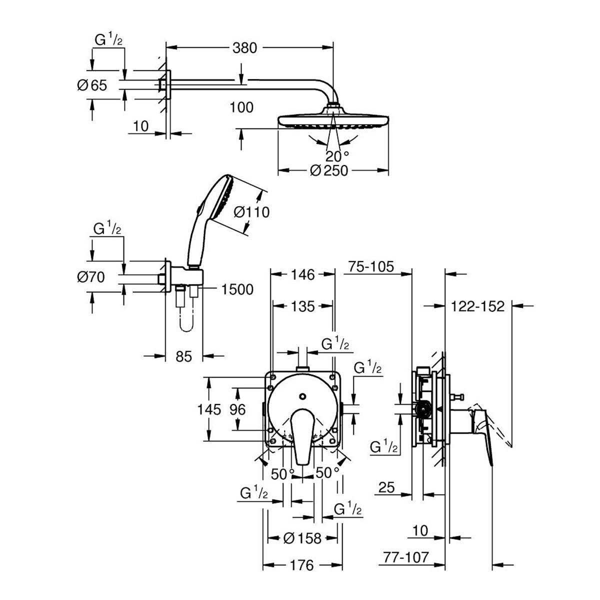 Imagen 3 de Sistema monomando empotrado para ducha Bauedge 250 Grohe - Cromo Cromo