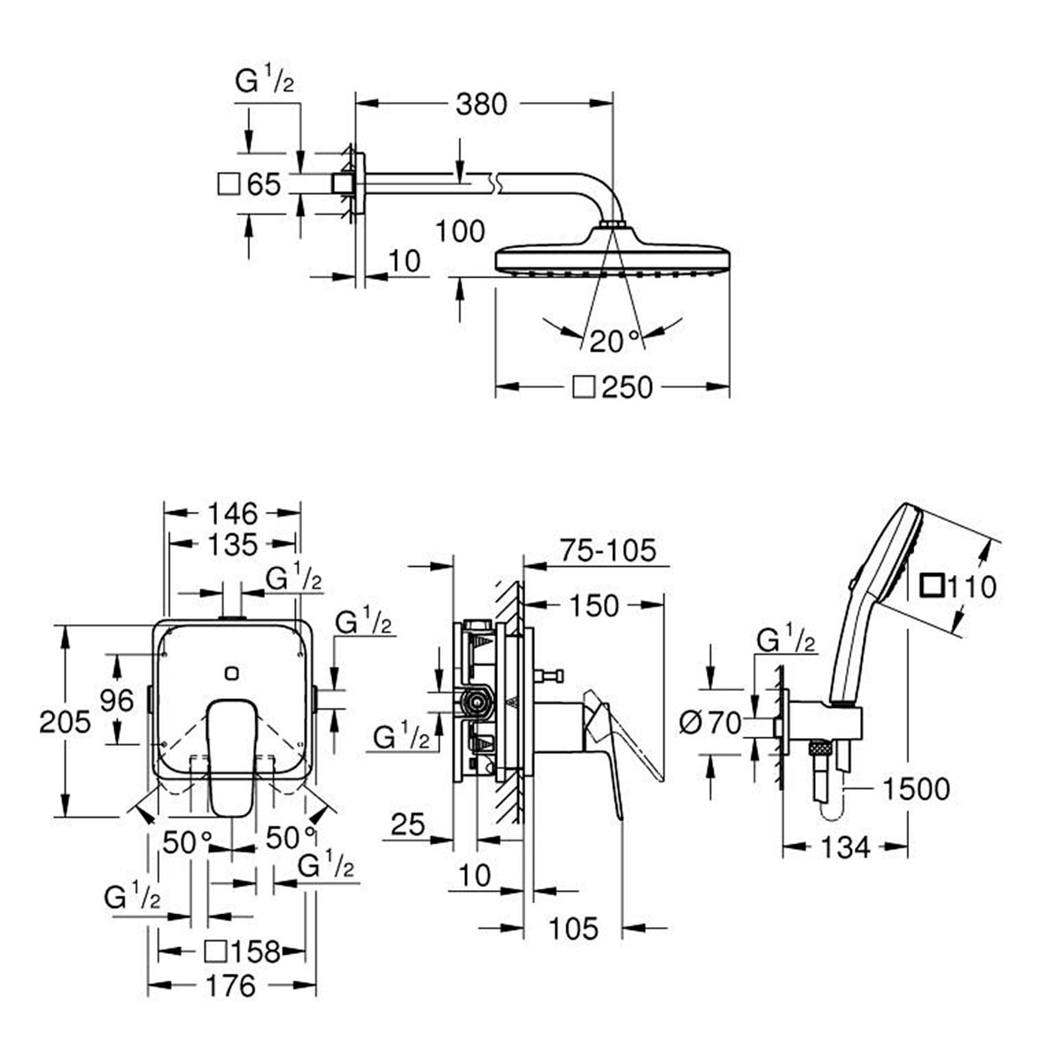Conjunto de Duche Embutido Cubeo Cromado-3