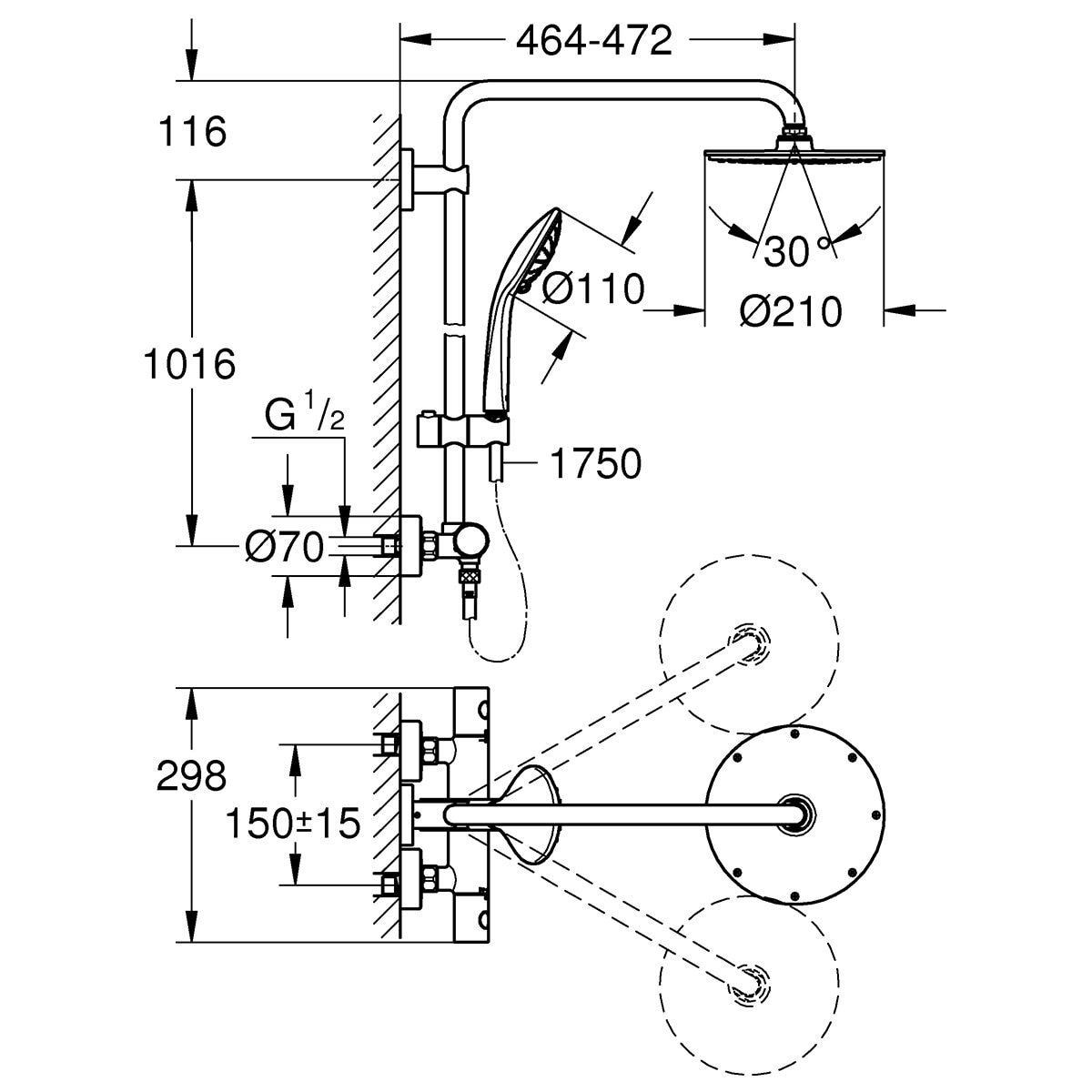Conjunto de duche com termostato Euphoria System 210 Grohe Cromado-2
