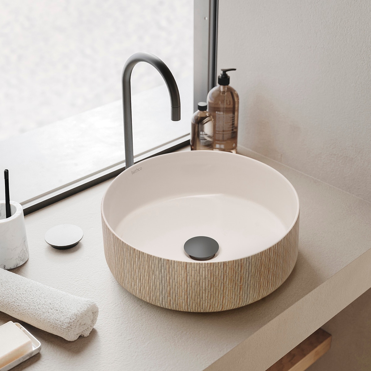 Lavatório de Bancada de Porcelana e Bambu Dinan Branco / Bambu-2
