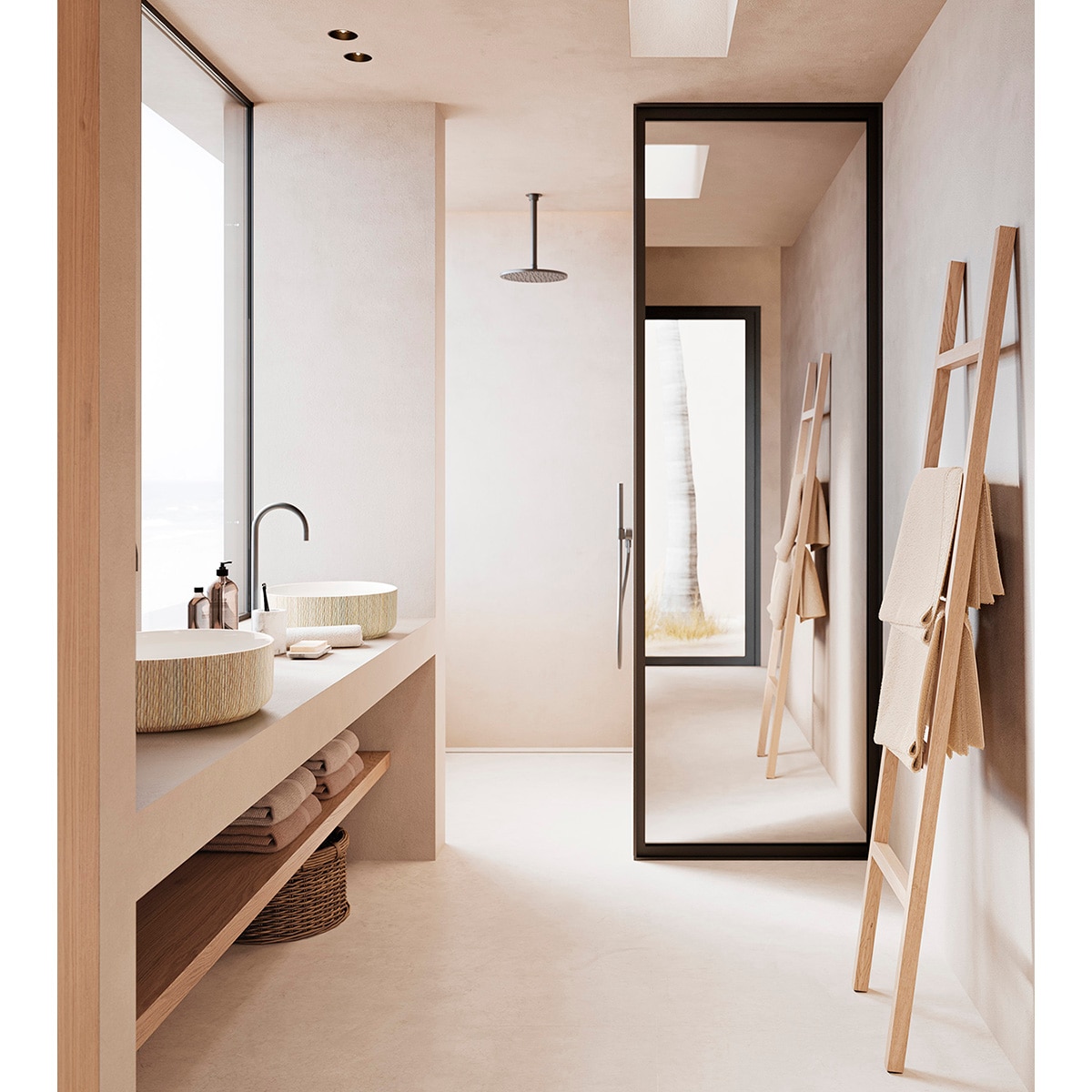 Lavatório de Bancada de Porcelana e Bambu Dinan Branco / Bambu-3