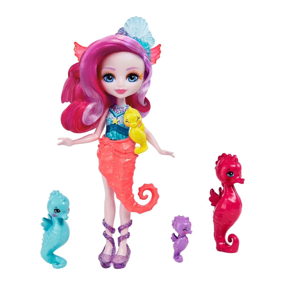 Imagen 0 de Muñeca Royal ocean kingdom sedda sea horse con familia caballitos de mar mascota Enchantimals