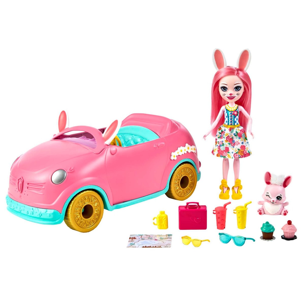 Enchantimals – Bunnymóvil Bree Bunny y su coche rosa descapotable muñeca, mascota conejito y accesorios Enchantimals.