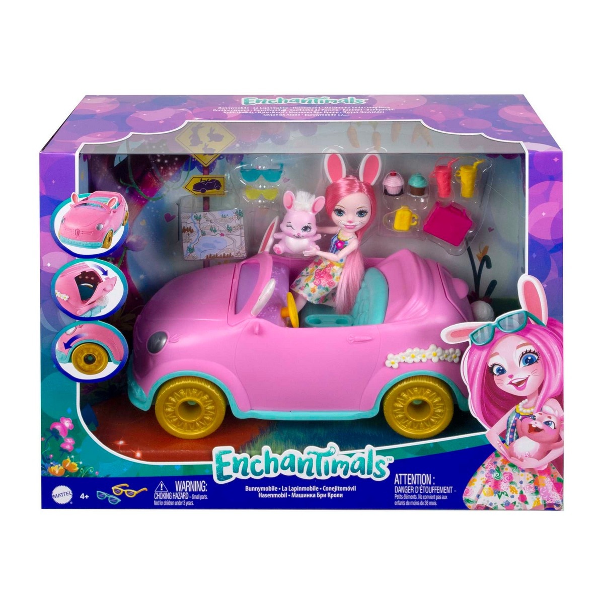 Bunnymóvil Bree Bunny y su coche rosa descapotable muñeca, mascota conejito y accesorios Enchantimals 3