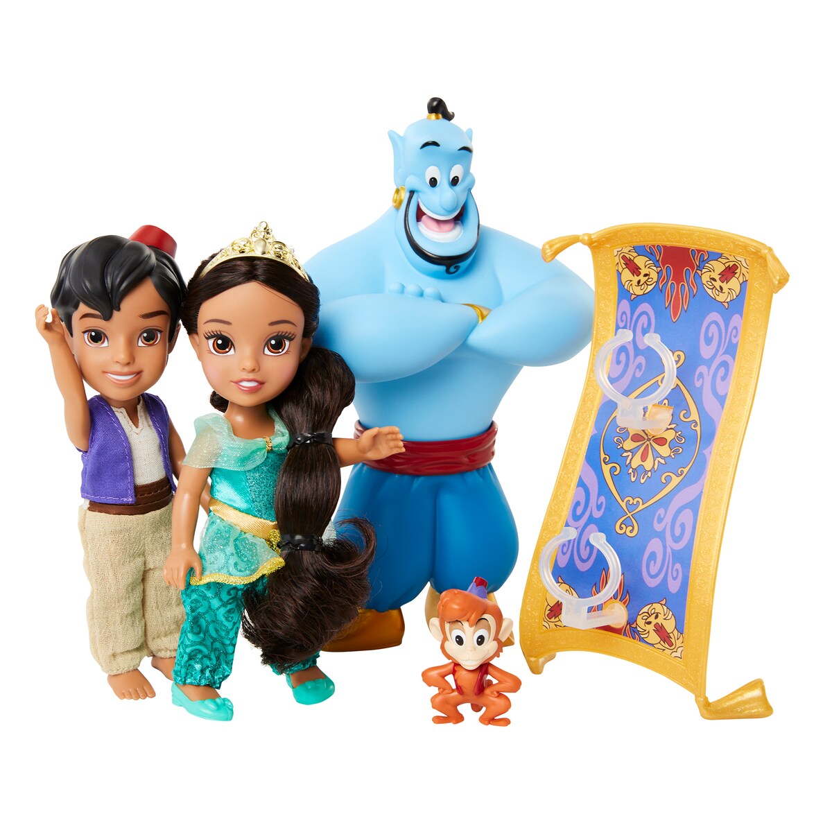 Set Jasmine y Aladdin de 15cm, genio a escala, Abu y alfombra
