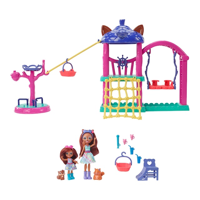 Enchantimals City Tails Parque de juegos de Sabine y Seneca Squirrel Dos muñecas con mascotas ardilla y set de juego con accesorios