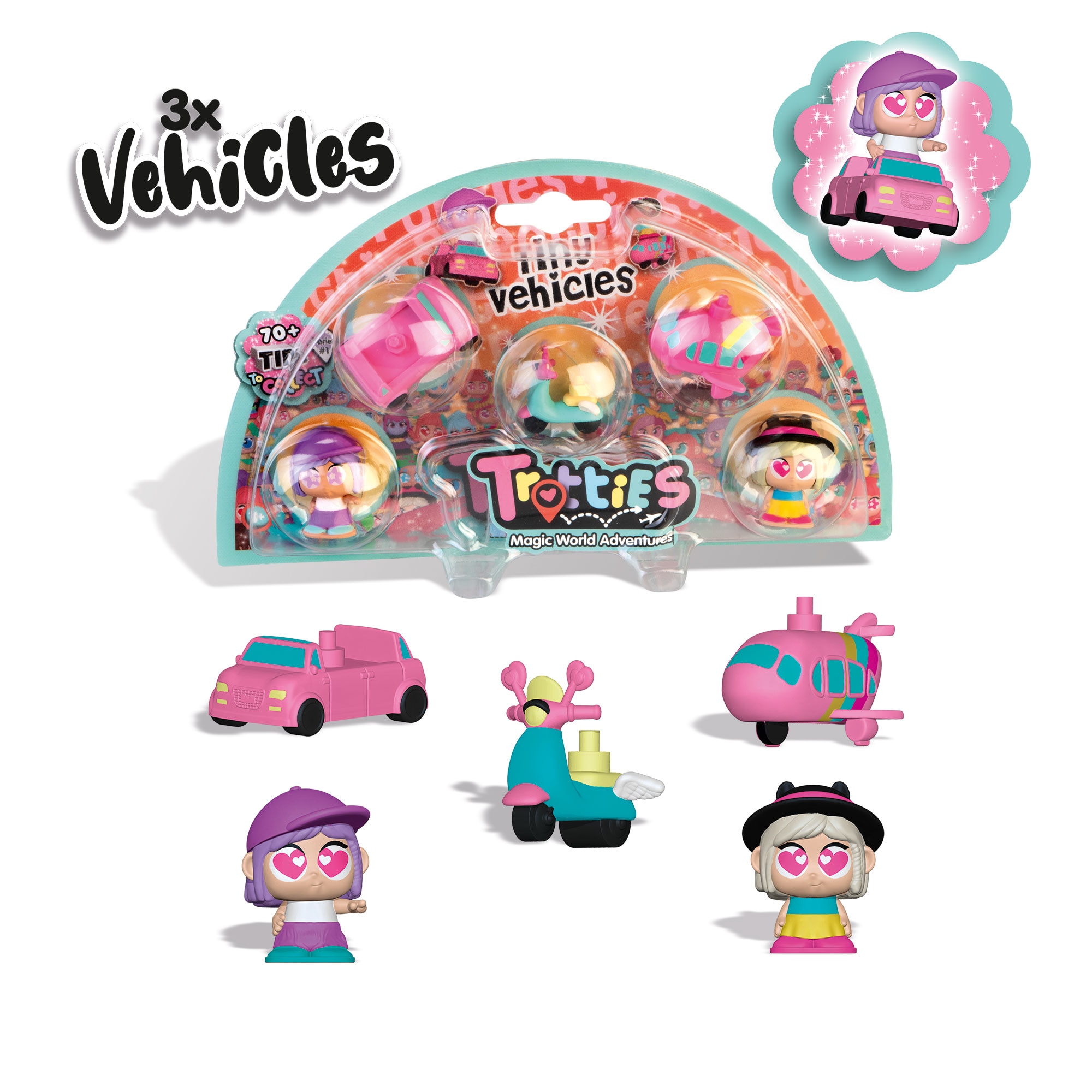 Pack 5 Figuras y 3 vehículos Tiny Trotties Famosa 5