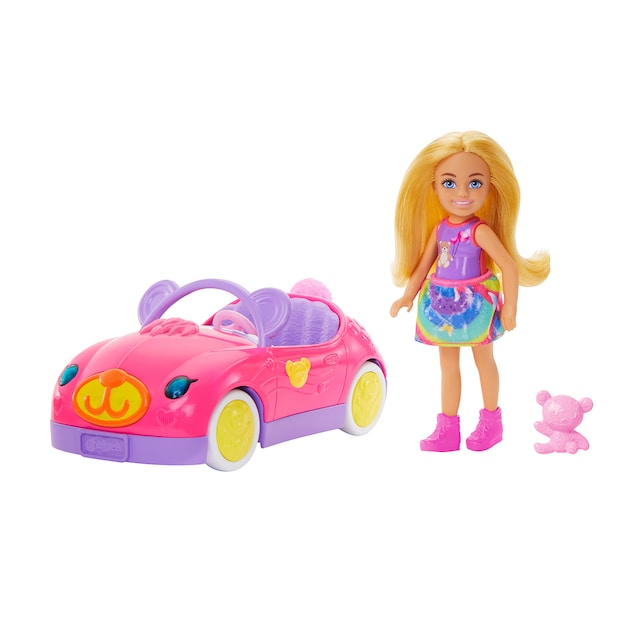Barbie Chelsea Muñeca rubia pequeña con coche de juguete rosa descapotable