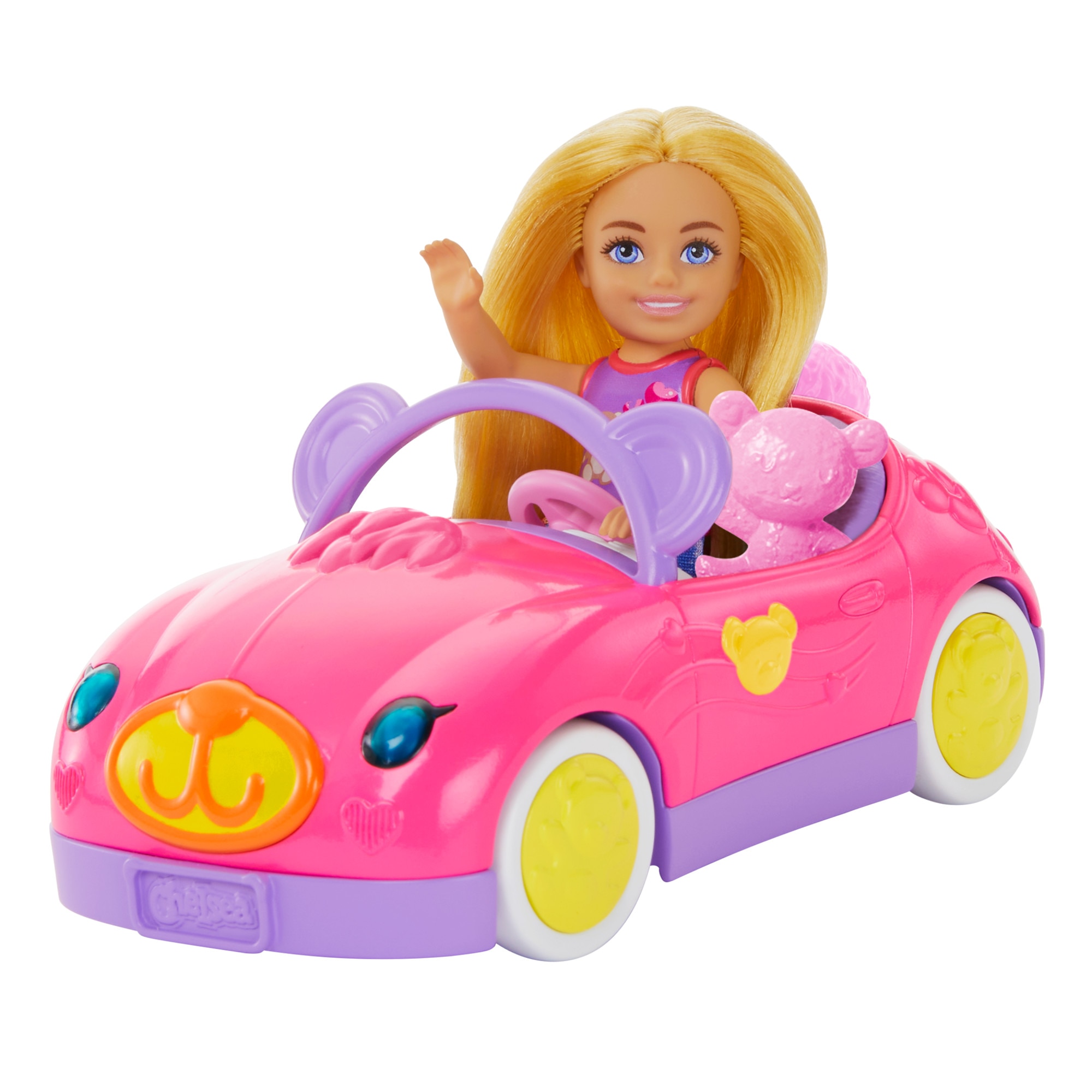 Barbie Chelsea Muñeca rubia pequeña con coche de juguete rosa descapotable 2