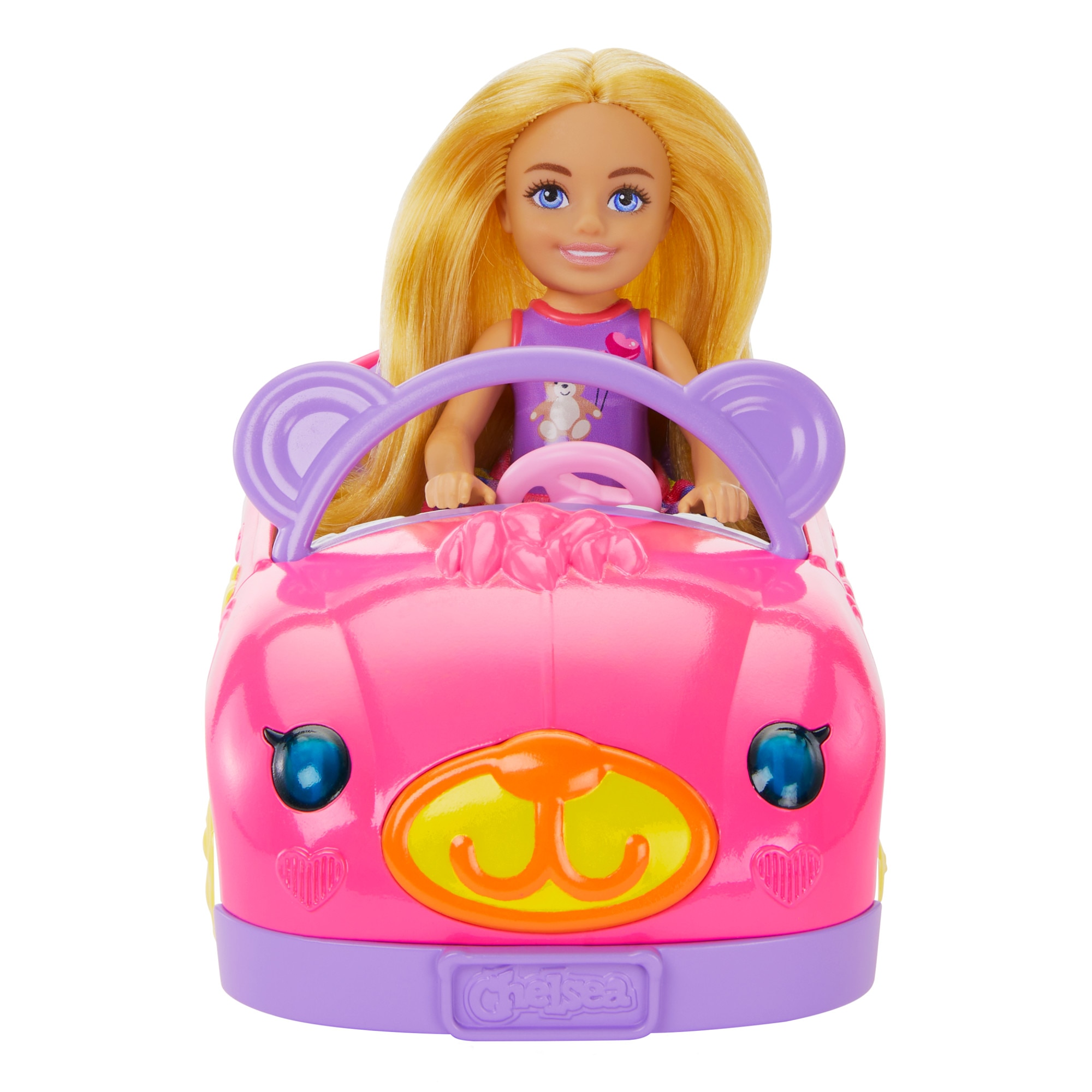 Barbie Chelsea Muñeca rubia pequeña con coche de juguete rosa descapotable 5