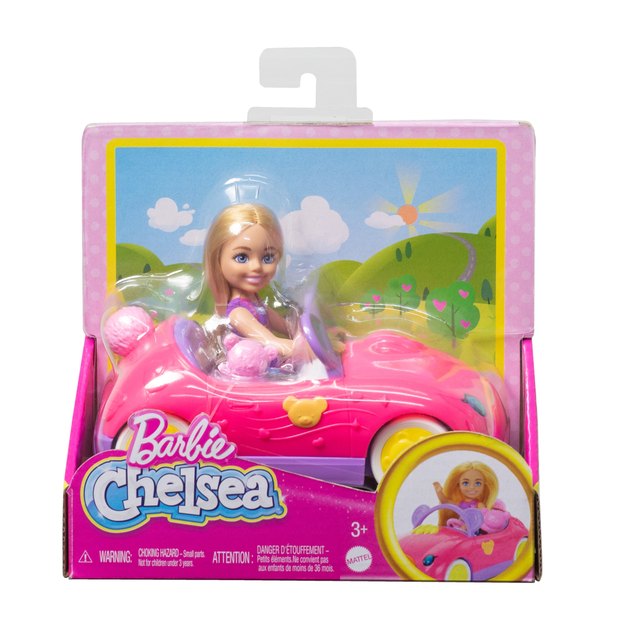 Barbie Chelsea Muñeca rubia pequeña con coche de juguete rosa descapotable 6
