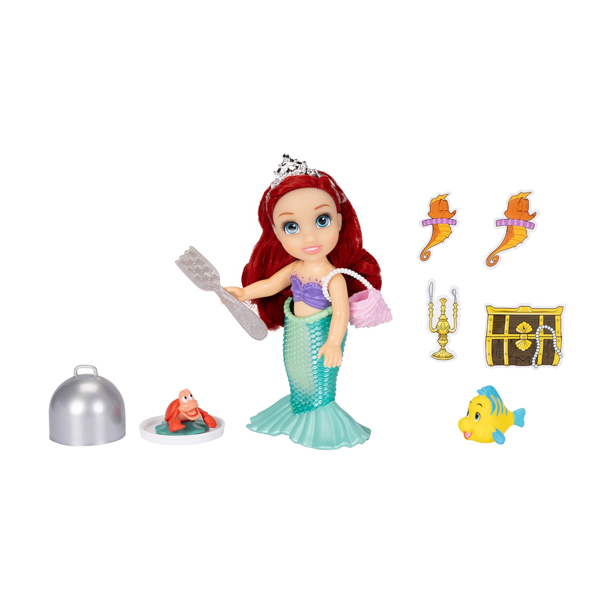 Muñeca Ariel de 15?cm con 2 conjuntos y accesorios para jugar, incluye a Flounder Princesas Disney 2
