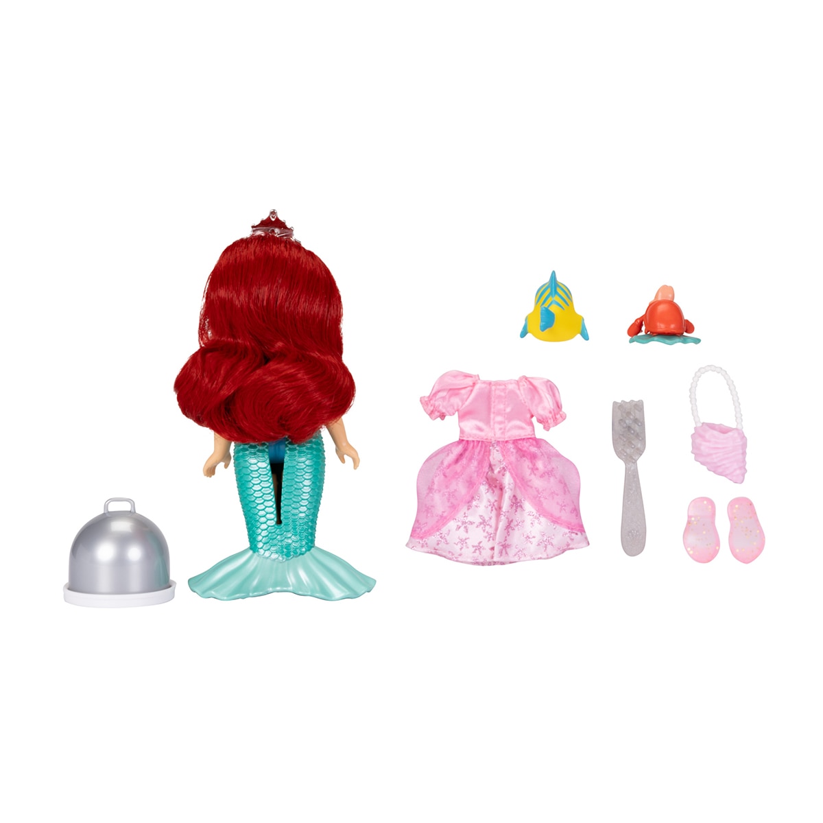 Muñeca Ariel de 15?cm con 2 conjuntos y accesorios para jugar, incluye a Flounder Princesas Disney 3