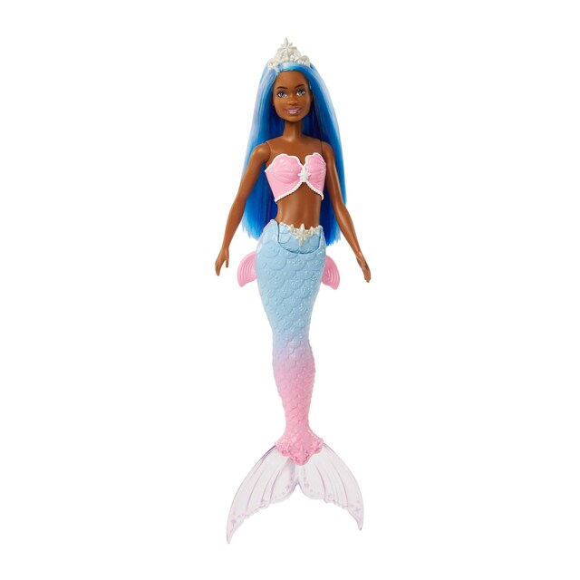 Barbie Sirena Muñeca con pelo azul, cola ombré, corona blanca y aletas esculpidas (Mattel HGR12)