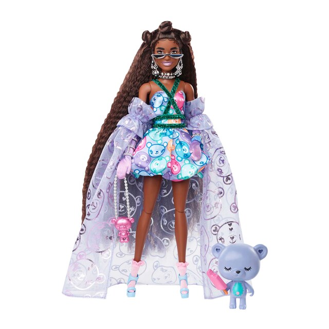 Barbie Extra Fancy Look ositos Muñeca morena con vestido en tonos morados, bata, osito y accesorios de moda (Mattel HHN13)