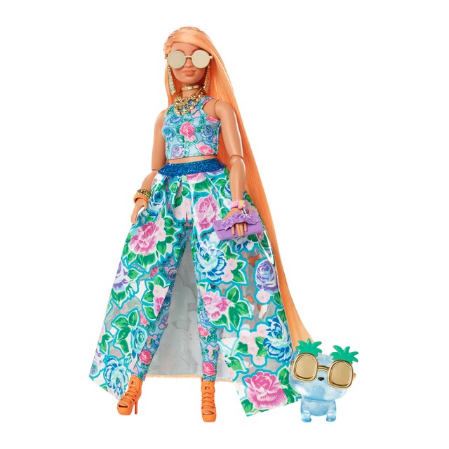Barbie Extra Fancy Look floral Muñeca rubia con falda y top de flores, bata, gatito y accesorios de moda (Mattel HHN14)