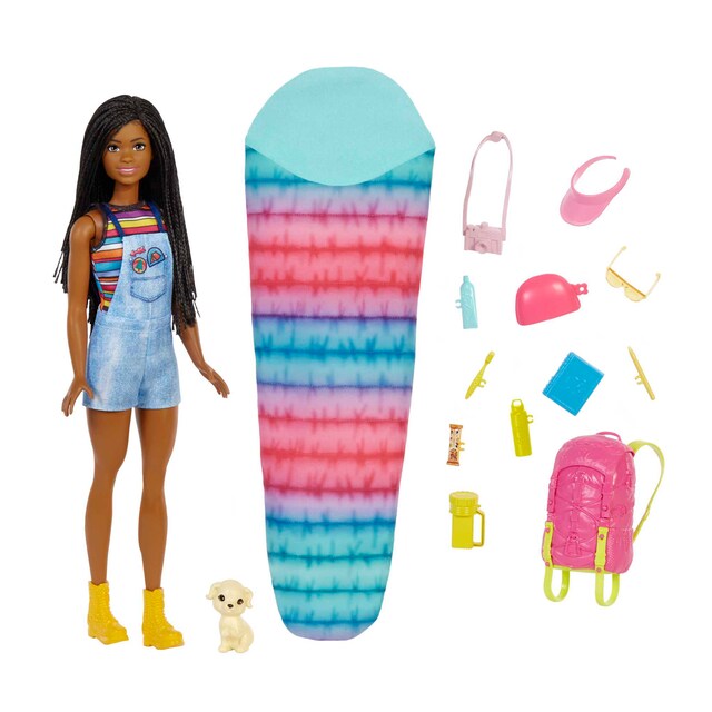 Imagen 0 de Barbie ¡Vamos de Camping! Brooklyn Muñeca morena con mochila, saco de dormir y accesorios de juguete (Mattel HDF74)