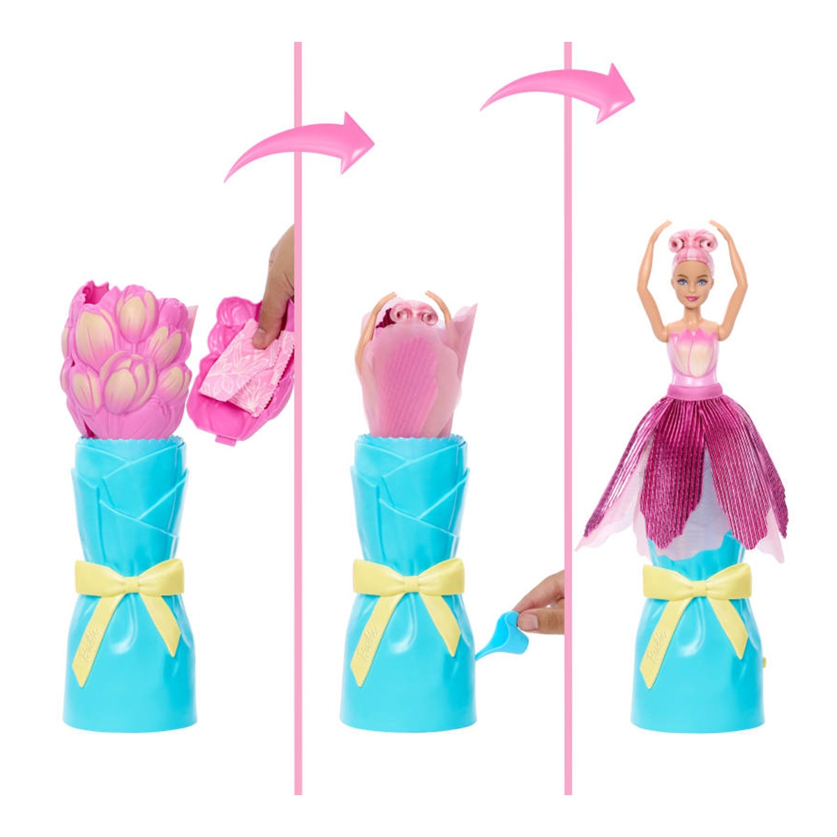 Barbie Petal Pop Muñeca sorpresa en ramo de tulipanes rosas 2