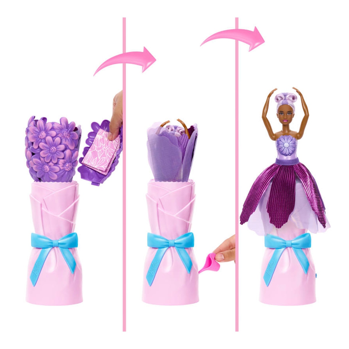 Barbie Petal Pop Muñeca sorpresa en ramo de margaritas moradas 2