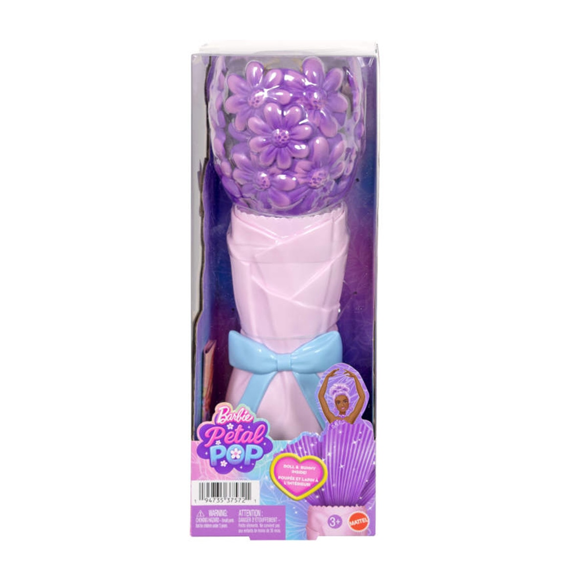 Barbie Petal Pop Muñeca sorpresa en ramo de margaritas moradas 6