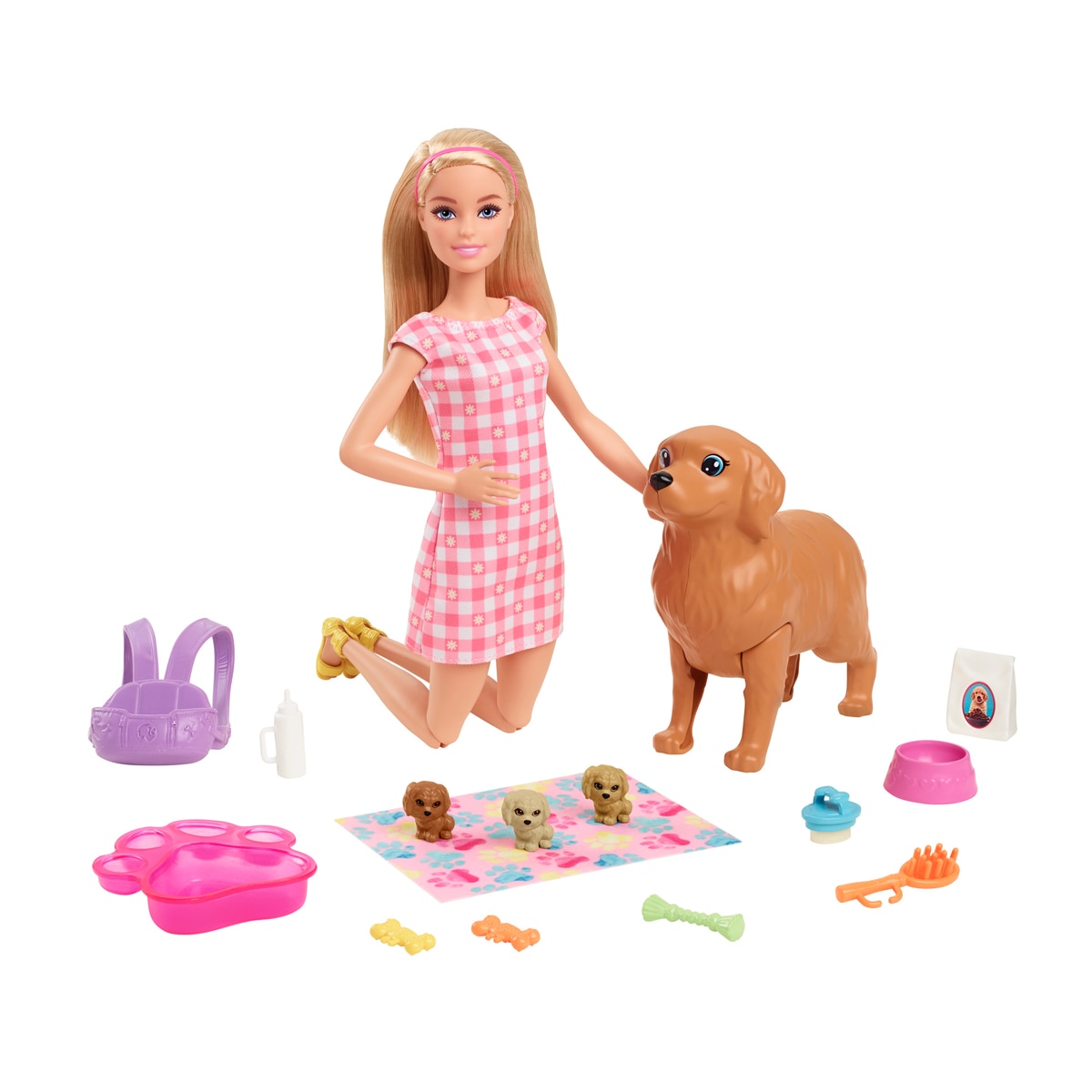 Barbie – Muñeca rubia con perritos y accesorios de juguete Barbie y sus cachorros.
