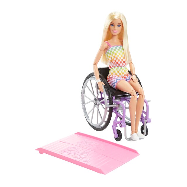 Muñeca Barbie rubia con silla de ruedas Fashionista