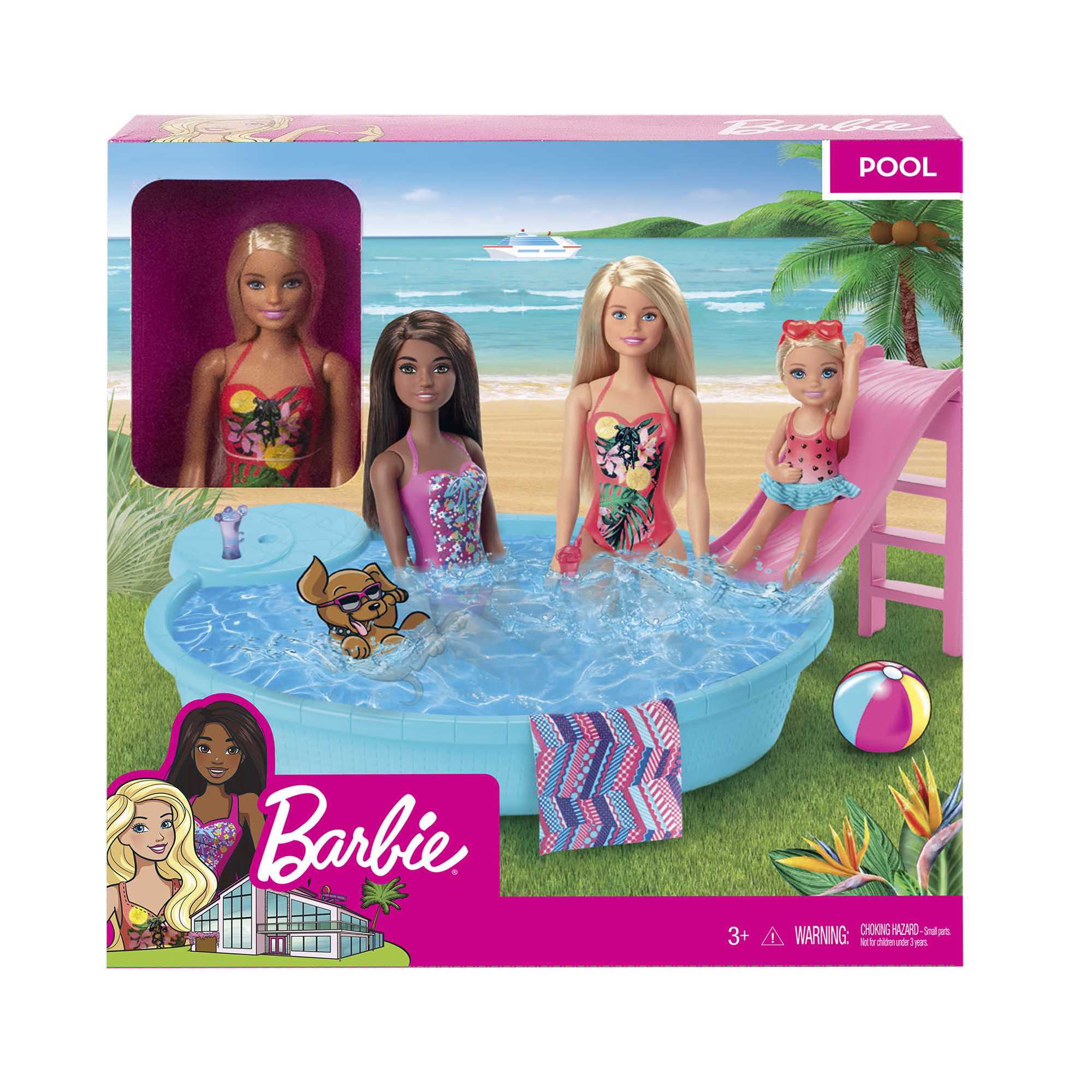 Barbie muñeca rubia de 30 cm con piscina, tobogán y accesorios 6