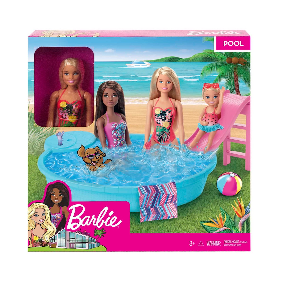 Barbie muñeca rubia de 30 cm con piscina, tobogán y accesorios 6