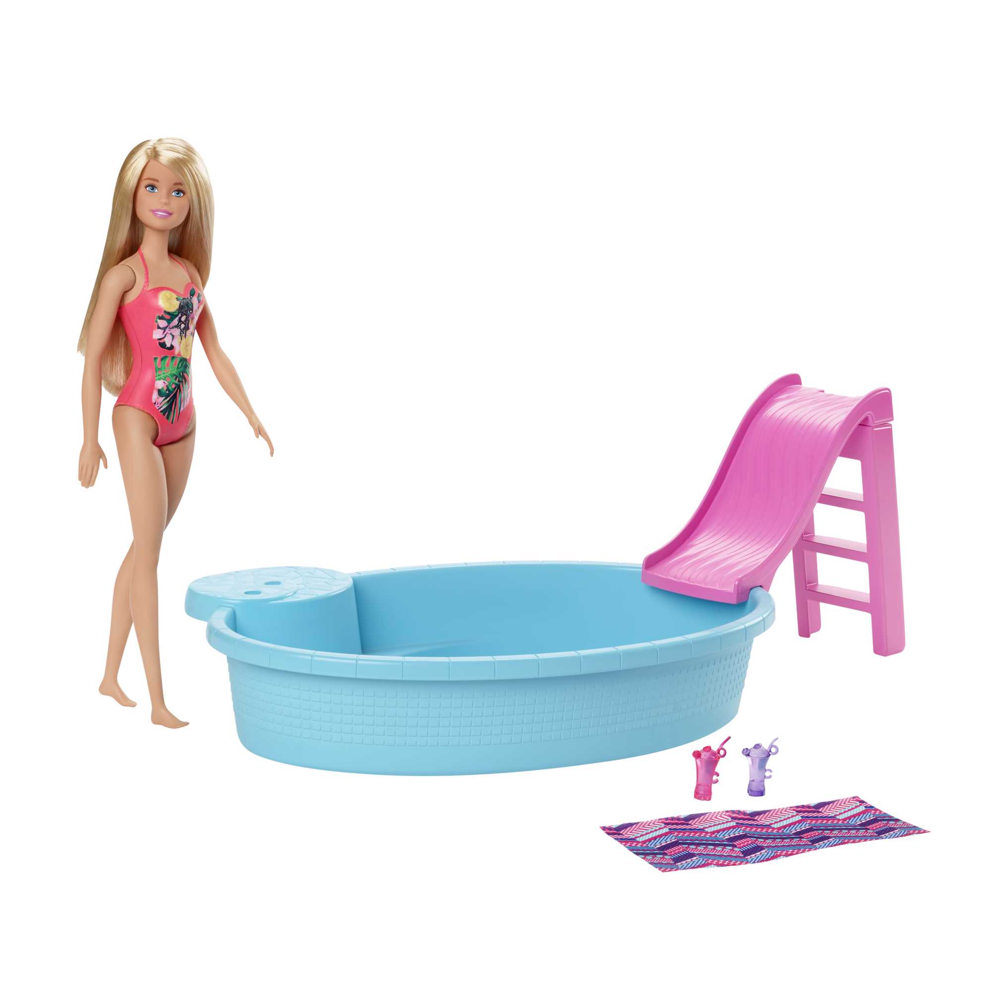 Barbie muñeca rubia de 30 cm con piscina, tobogán y accesorios 7
