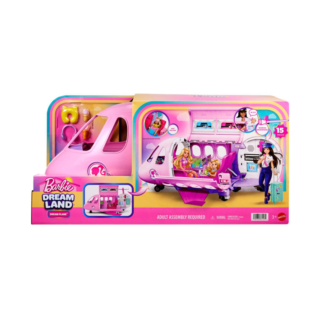 Barbie Avión de Ensueño, avión con micrófono funcional, 5 sonidos, 3 zonas de juego y 14 accesorios 1