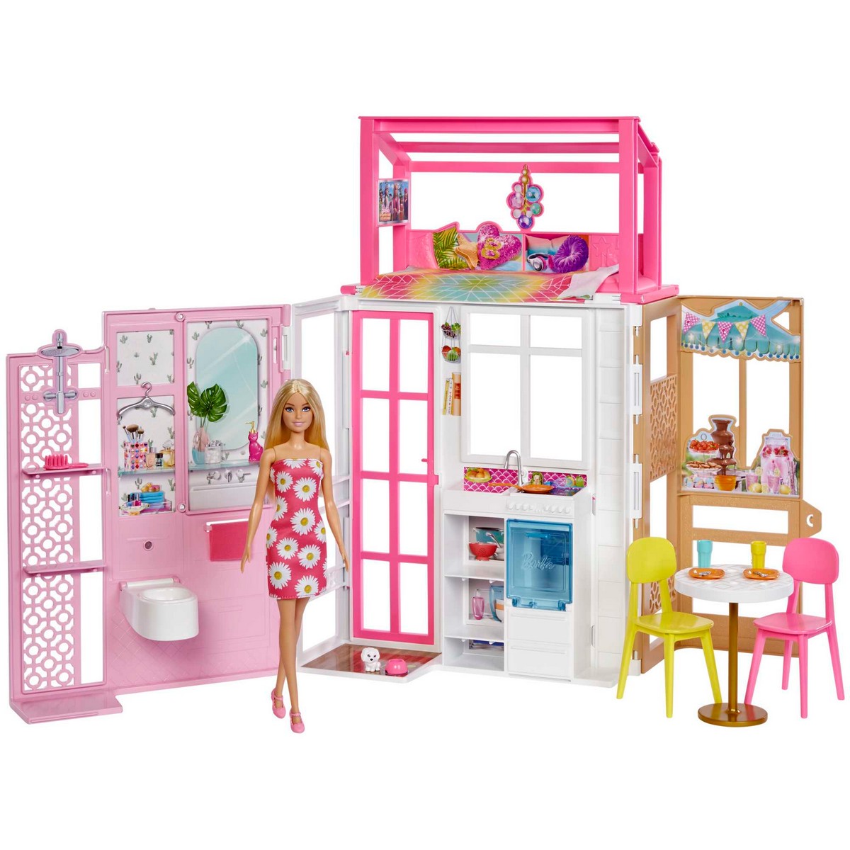 Casa de 2 pisos amueblada para muñecas de juguete incluye muñeca rubia y accesorios Barbie 1